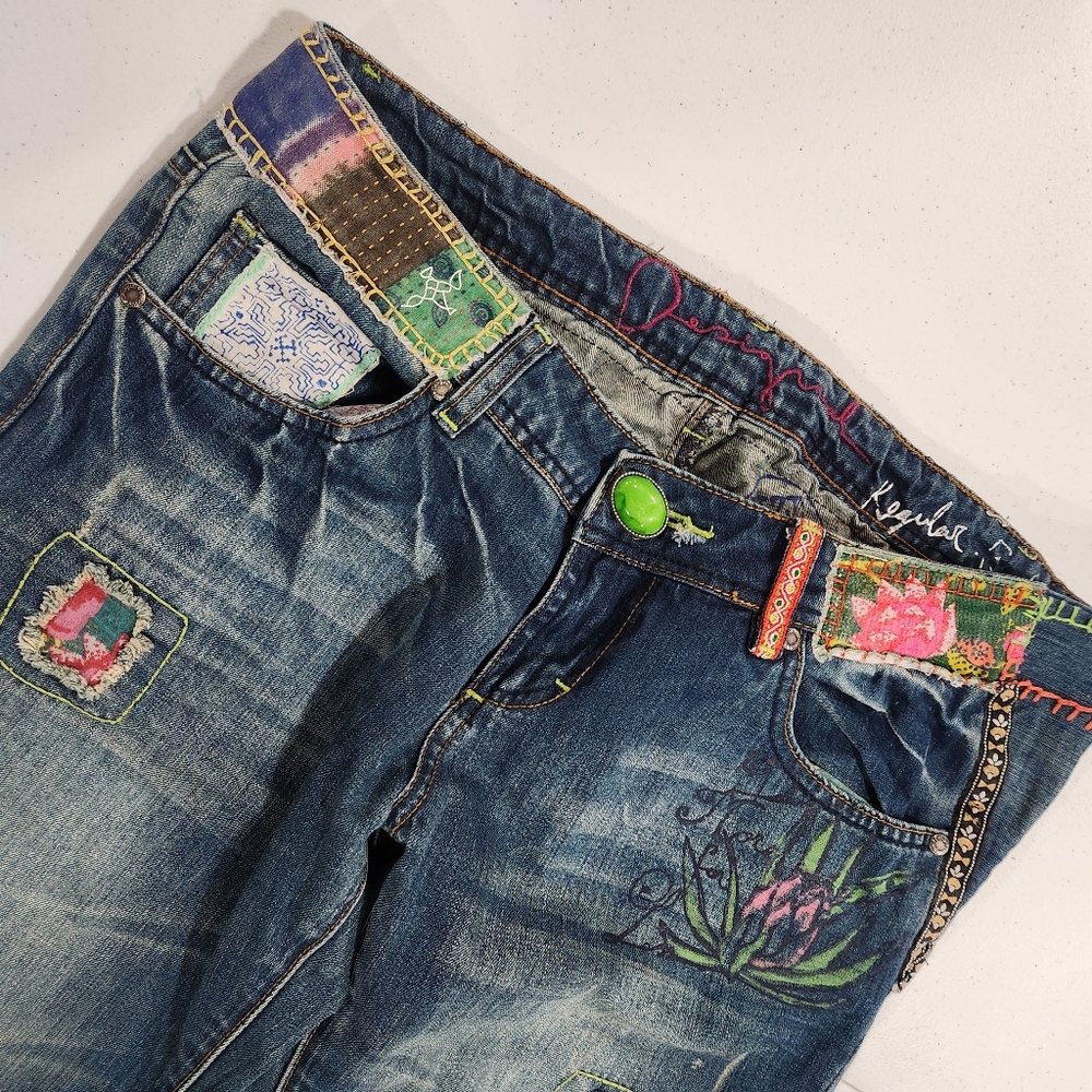 Y2k Desigual Embroidered Patch Work Low Rise Blue… - image 1